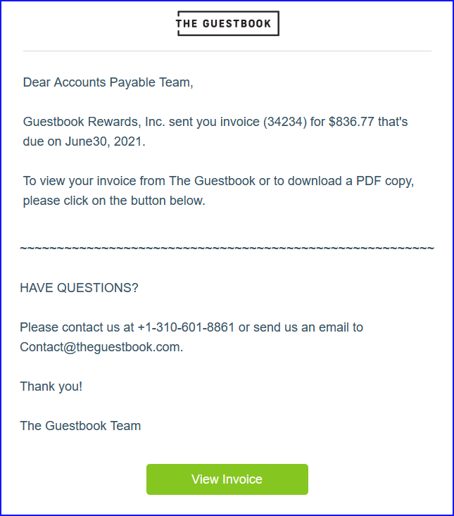 Guestbook sample invoice email